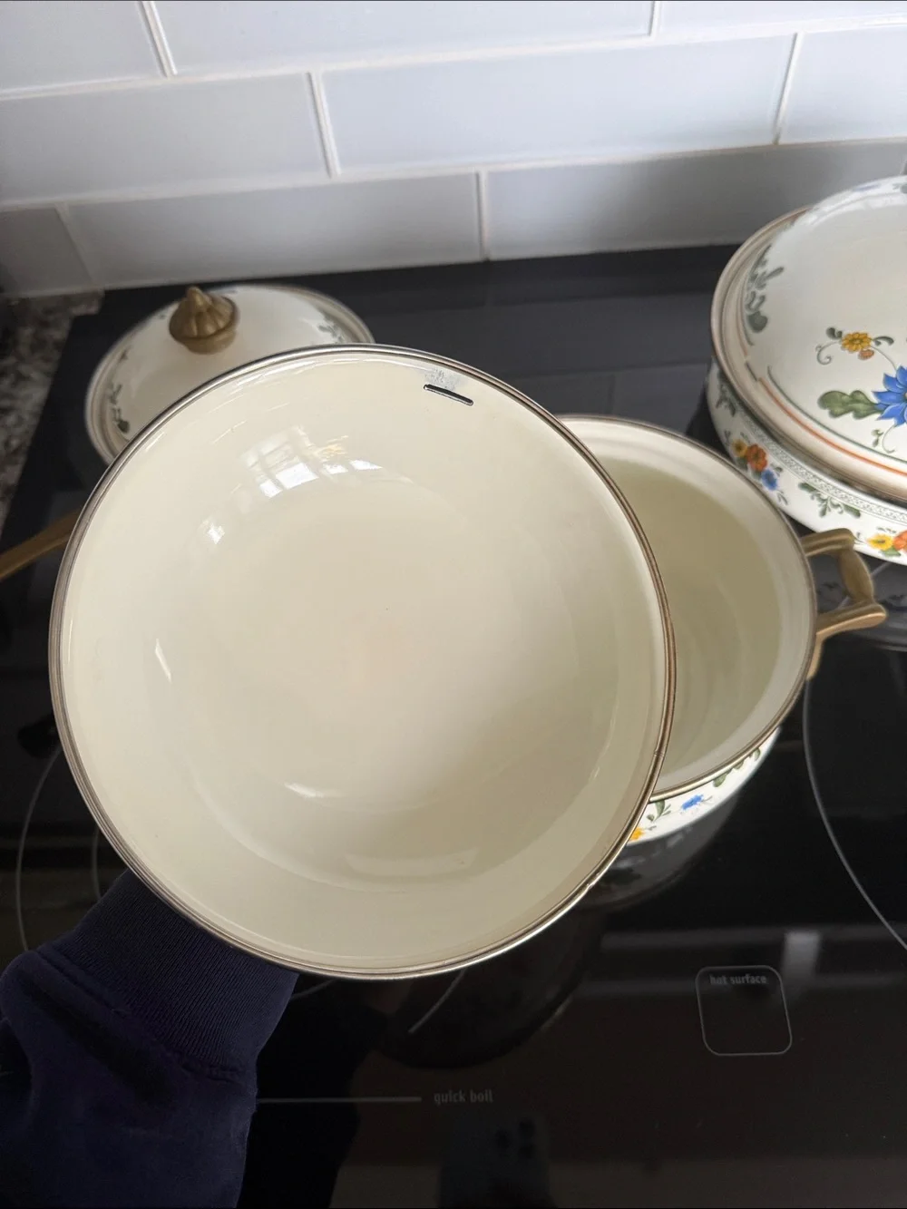 Vintage ASTA Fissler Style Enamelware Cookware Set Floral & Brass 3 Lidded Pots